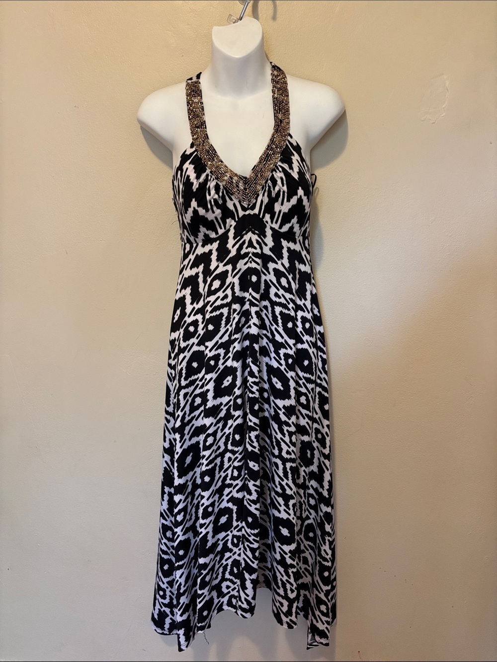 INC International Concepts Black and White Beaded Halter Maxi Dress